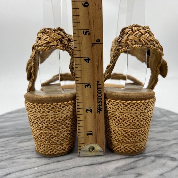 Stuart Weitzman Womens 7.5 Sandals Camel Crochet Braid Wedge Espadrille Platform - Picture 5 of 12